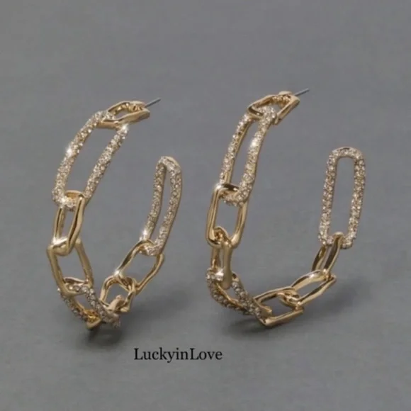 ALEXIS BITTAR NEW Gold Textured Crystal Custom Sculpted Chain Link Hoop Earrings - Picture 6 of 15